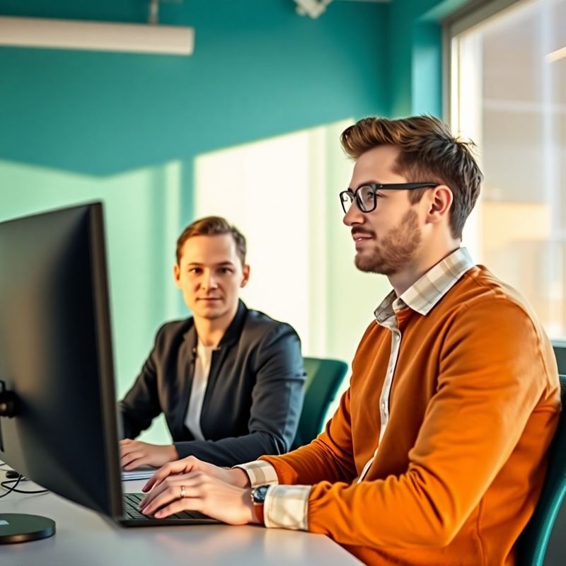 Doi specialiști SEO discutând în fața unor monitoare cu grafice de analytics într-un birou modern din București