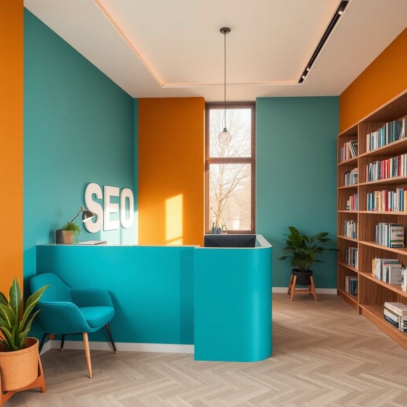 Zonă de recepție a unei agenții SEO moderne din București, cu accente teal și mobilier de lemn