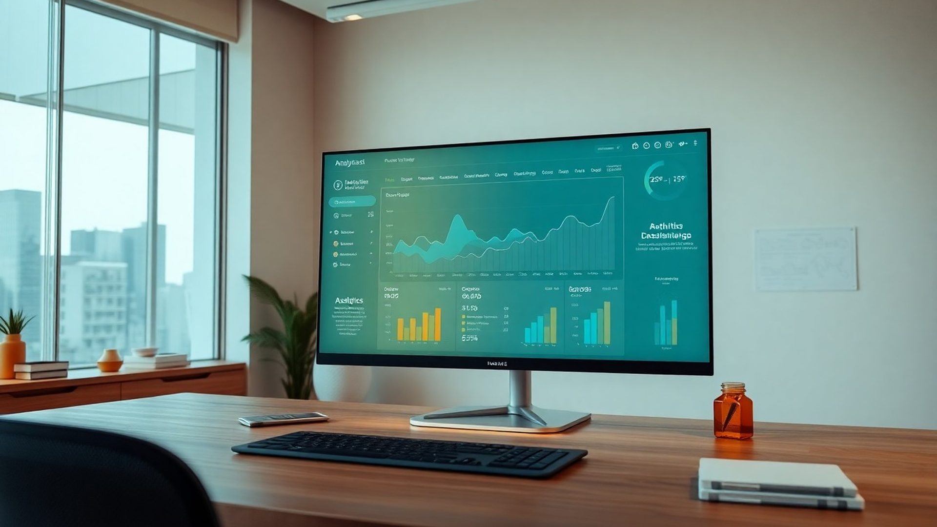 Dashboard de analiză SEO afișat pe un monitor într-un birou modern din București