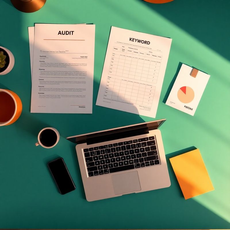 Documente de audit SEO și laptop pe un birou cu accente teal